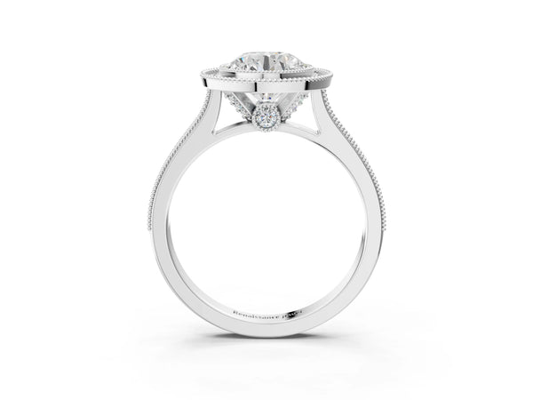 White gold Halo Round-Cut Diamond Pave Band Milgrain Prong Setting Ring