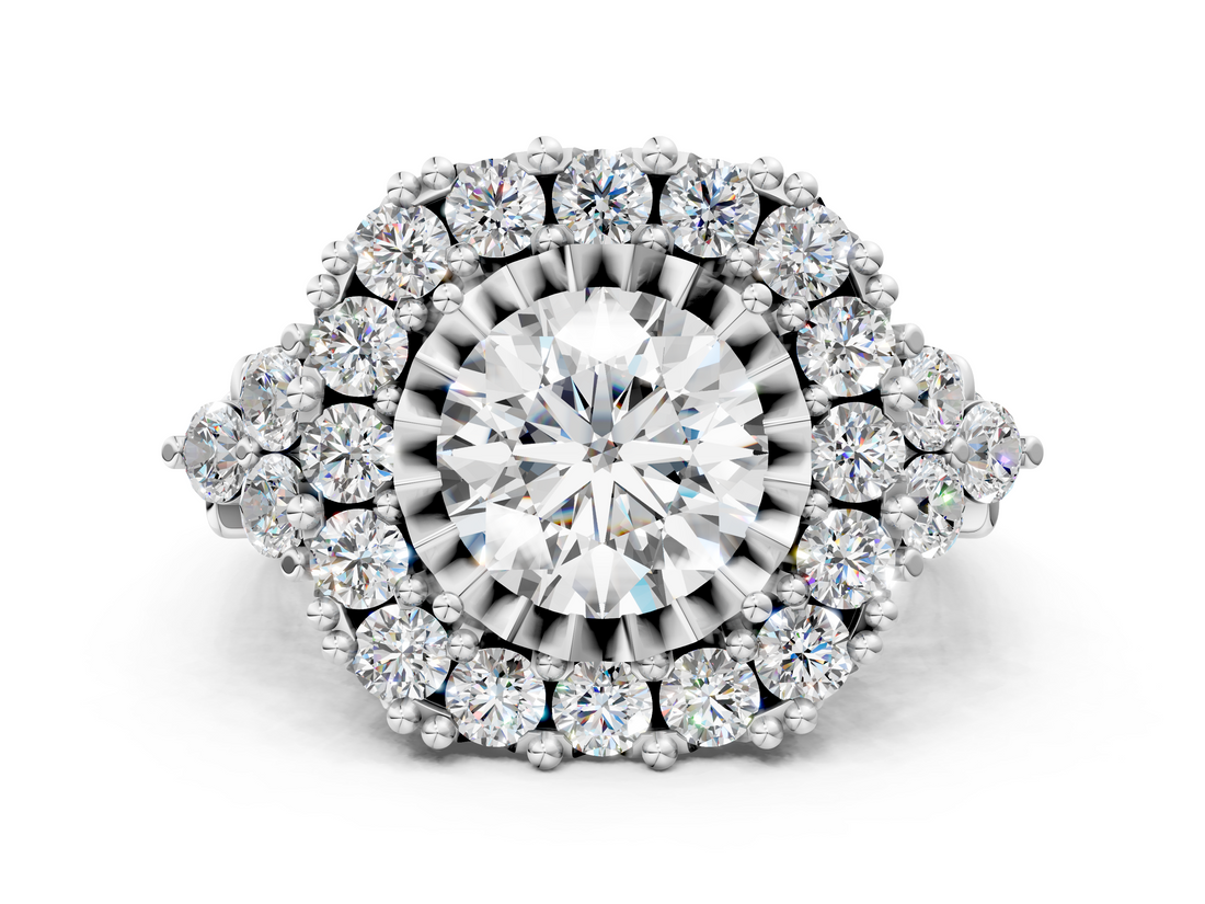 Silver Halo 1.03 Carat F VS1 Round Cut Diamond Ring with Pavé Band and Four-Prong Setting