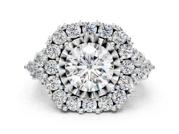 Silver Halo 1.03 Carat F VS1 Round Cut Diamond Ring with Pavé Band and Four-Prong Setting