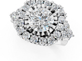 Silver Halo 1.03 Carat F VS1 Round Cut Diamond Ring with Pavé Band and Four-Prong Setting
