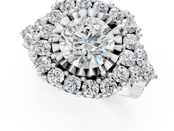 Silver Halo 1.03 Carat F VS1 Round Cut Diamond Ring with Pavé Band and Four-Prong Setting