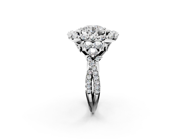 Silver Halo 1.03 Carat F VS1 Round Cut Diamond Ring with Pavé Band and Four-Prong Setting
