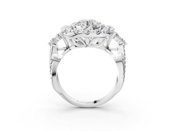 Silver Halo 1.03 Carat F VS1 Round Cut Diamond Ring with Pavé Band and Four-Prong Setting