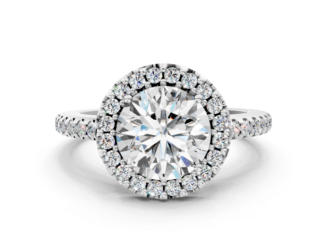 10K White Gold 0.69 Carat E VVS2 Round Diamond Pavé Halo Ring with Four-Prong Setting