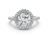 10K White Gold 0.69 Carat E VVS2 Round Diamond Pavé Halo Ring with Four-Prong Setting