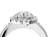 10K White Gold 0.69 Carat E VVS2 Round Diamond Pavé Halo Ring with Four-Prong Setting