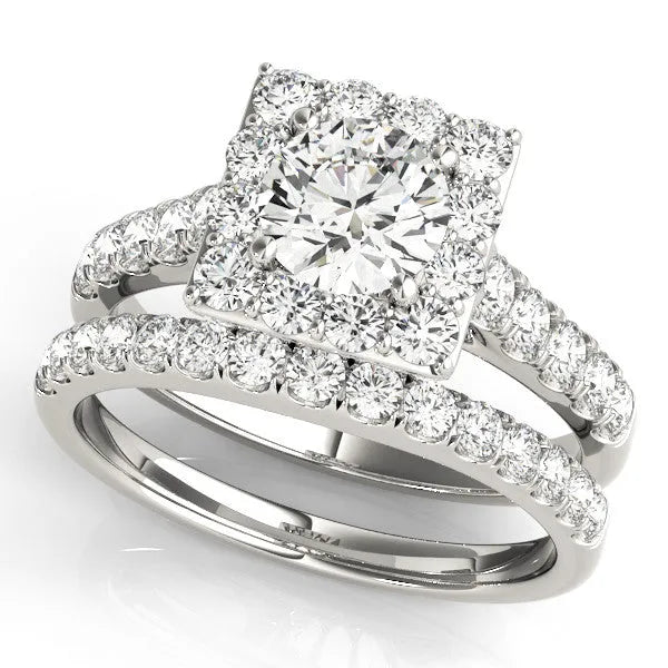 White gold Halo Round Diamond Pave Band Prong Setting Ring