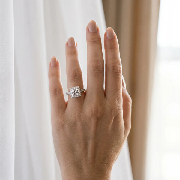 White gold Halo Round Diamond Pave Band Prong Setting Ring