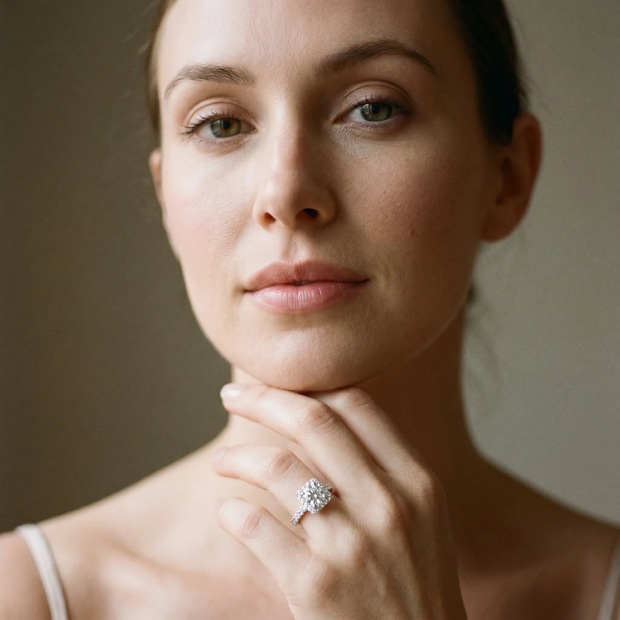 White gold Halo Round Diamond Pave Band Prong Setting Ring