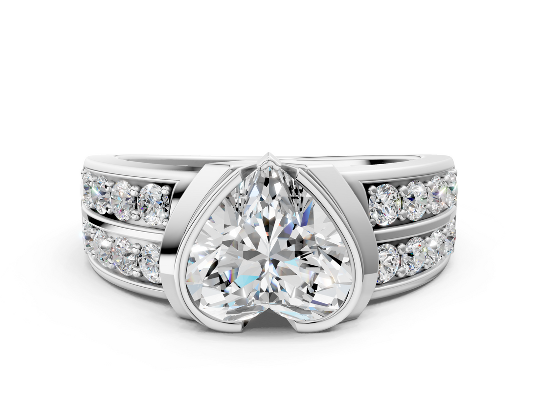 White gold Heart Brilliant Diamond Channel Set Wide Band Ring with Bezel Setting_20