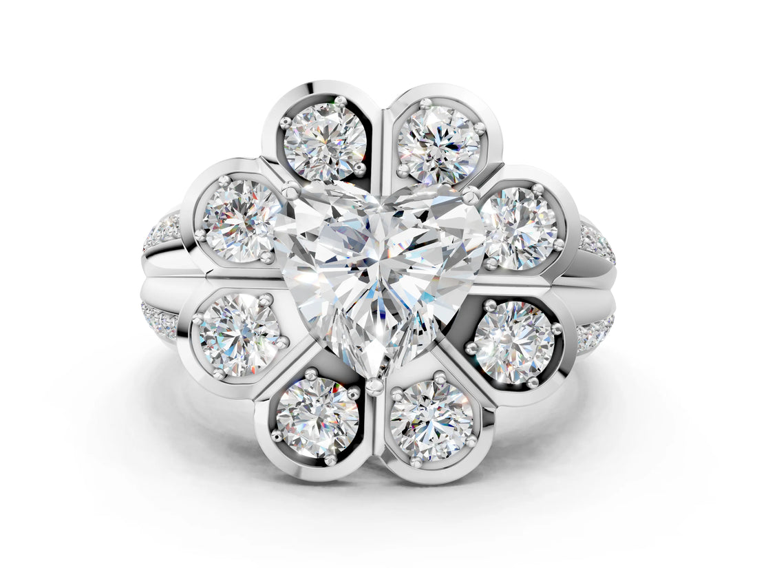 White gold Heart Brilliant Flower Halo Diamond Split Shank Ring_123