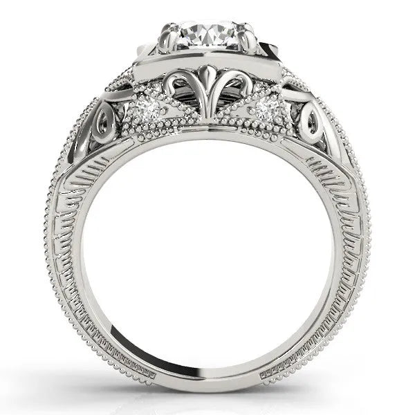 White gold Heart Brilliant Milgrain Filigree Solitaire with Bezel and Prong Setting