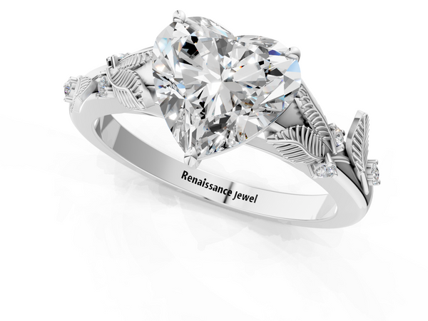White Gold Heart-Shaped Leaf Motif Solitaire Engagement Ring Setting with Accented Shoulders