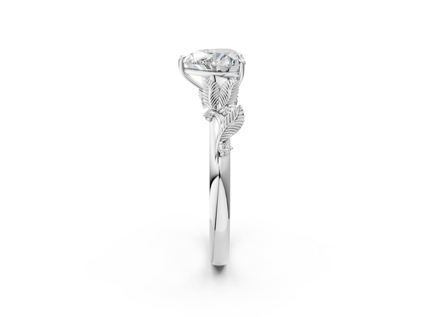 White Gold Heart-Shaped Leaf Motif Solitaire Engagement Ring Setting with Accented Shoulders