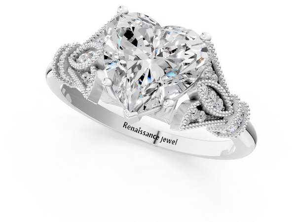 White gold Heart Diamond Solitaire Ring with Floral Filigree and Pave Accents