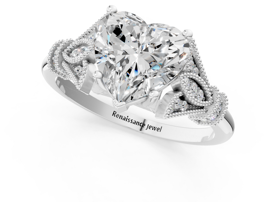 White gold Heart Diamond Solitaire Ring with Floral Filigree and Pave Accents