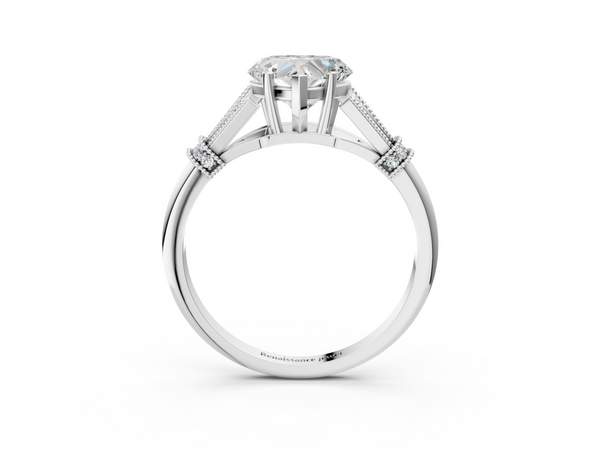 White gold Heart Diamond Solitaire Ring with Floral Filigree and Pave Accents