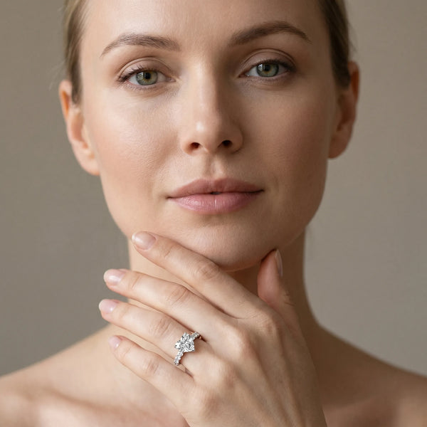 White gold Heart Brilliant Solitaire with Side Stones on a Pave Band and Four-Prong Setting