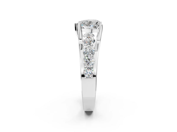 White gold Heart Brilliant Solitaire with Side Stones on a Pave Band and Four-Prong Setting