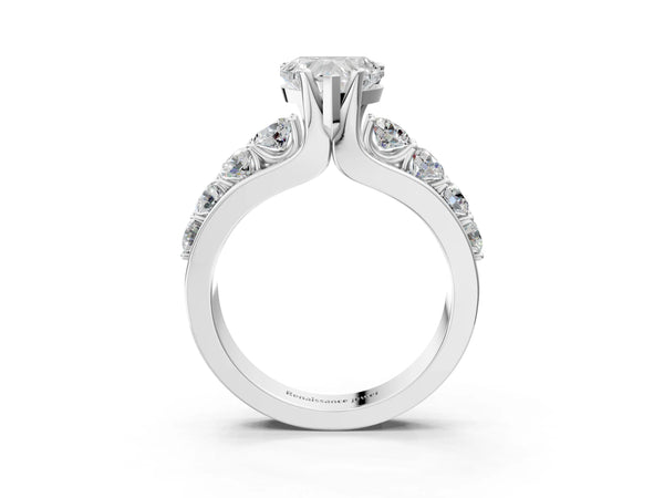 White gold Heart Brilliant Solitaire with Side Stones on a Pave Band and Four-Prong Setting