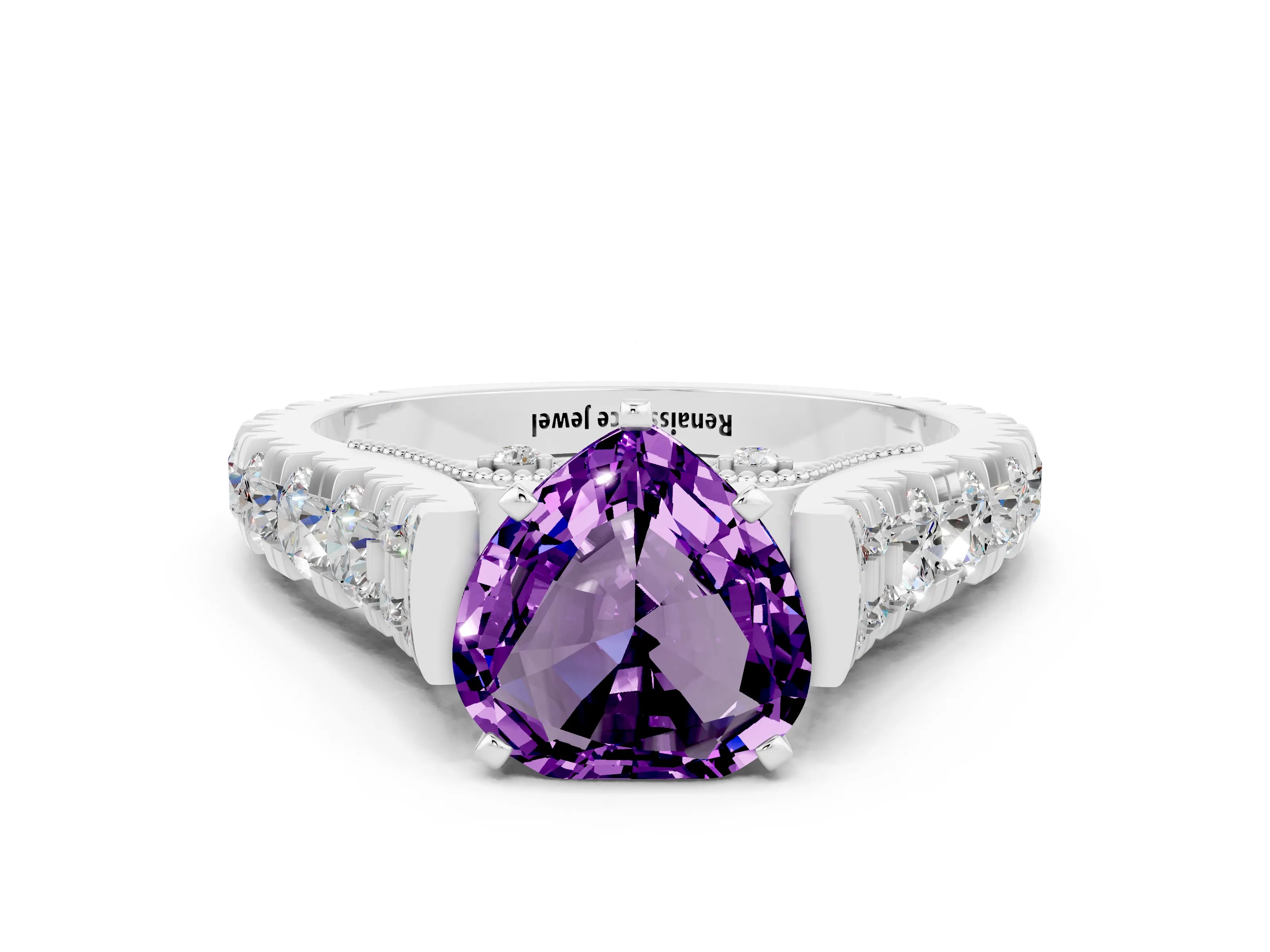 White gold Heart Cut Amethyst Classic Solitaire Ring with Pavé Band and Four-Prong Setting