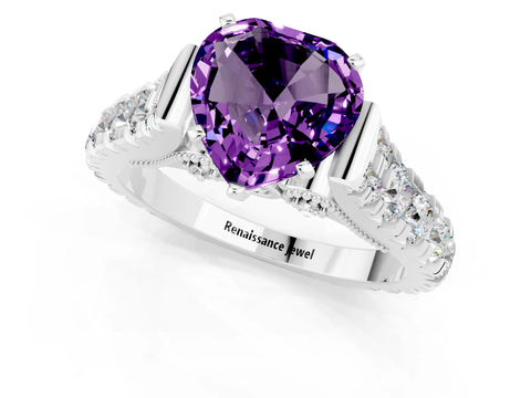 White gold Heart Cut Amethyst Classic Solitaire Ring with Pavé Band and Four-Prong Setting_1
