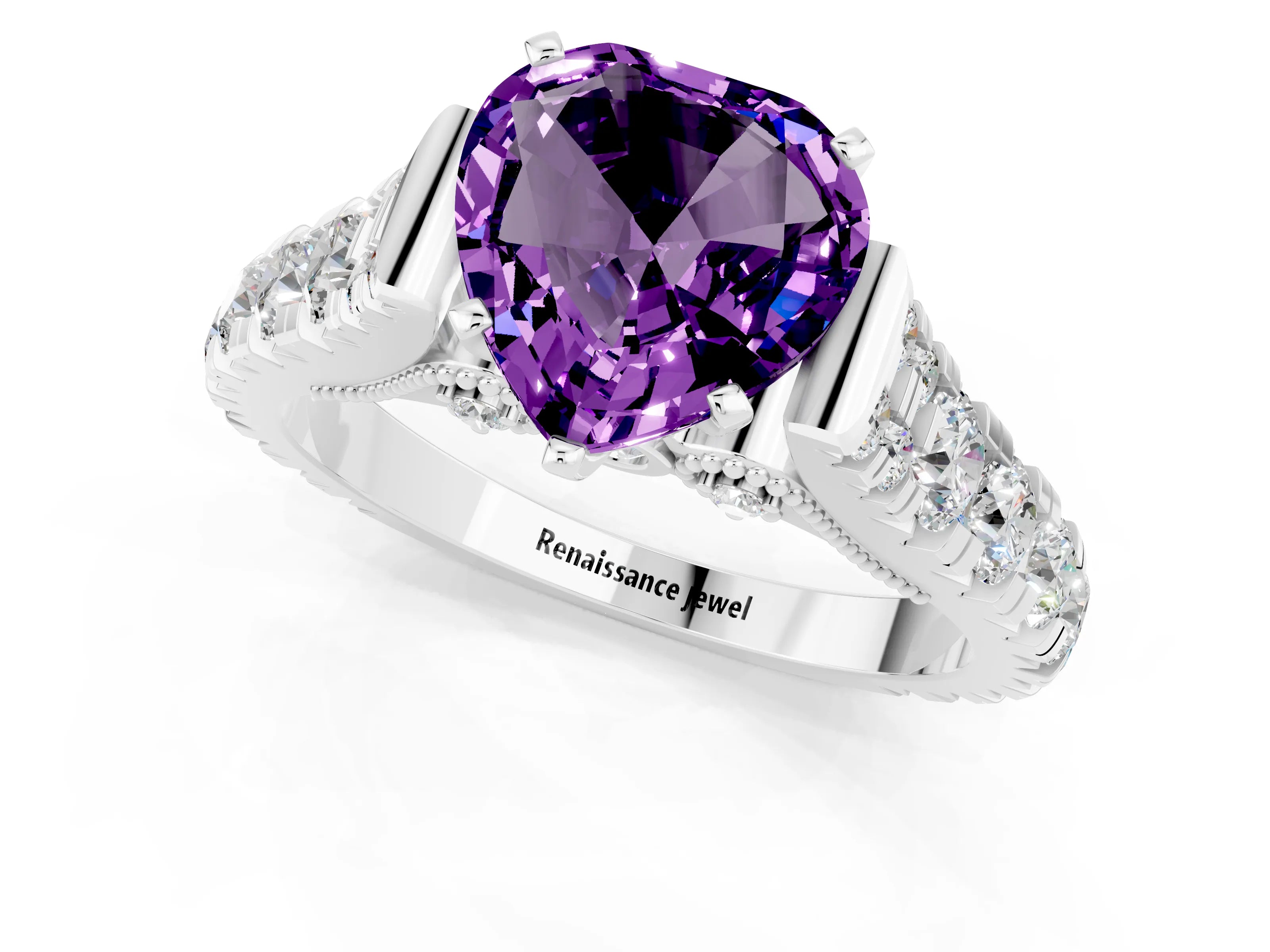 White gold Heart Cut Amethyst Classic Solitaire Ring with Pavé Band and Four-Prong Setting_1