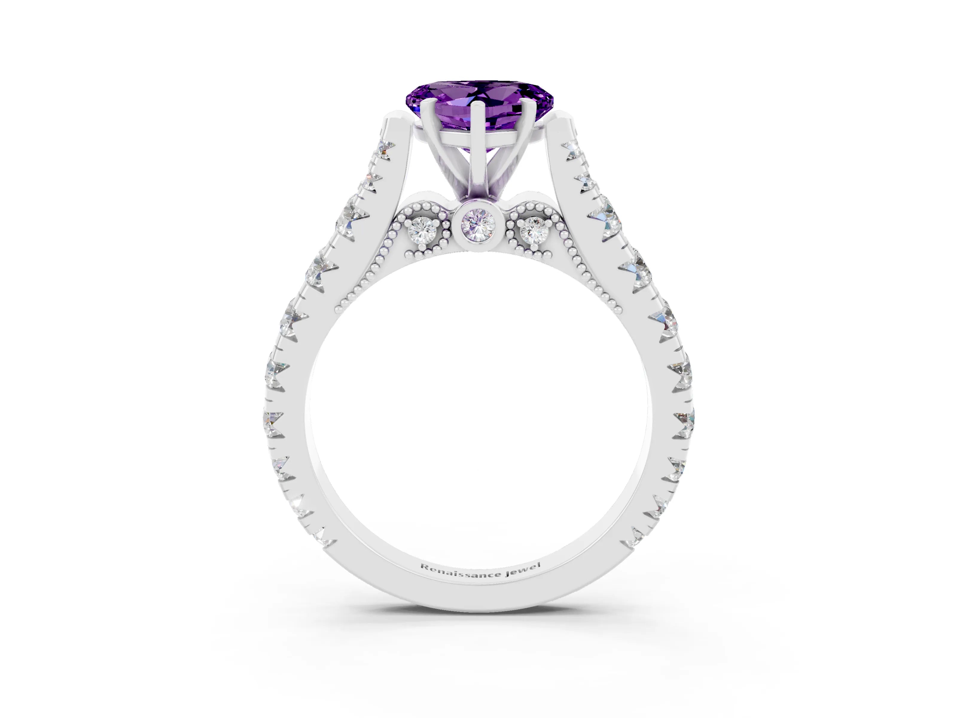White gold Heart Cut Amethyst Classic Solitaire Ring with Pavé Band and Four-Prong Setting_3
