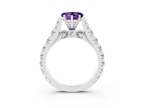 White gold Heart Cut Amethyst Classic Solitaire Ring with Pavé Band and Four-Prong Setting_3