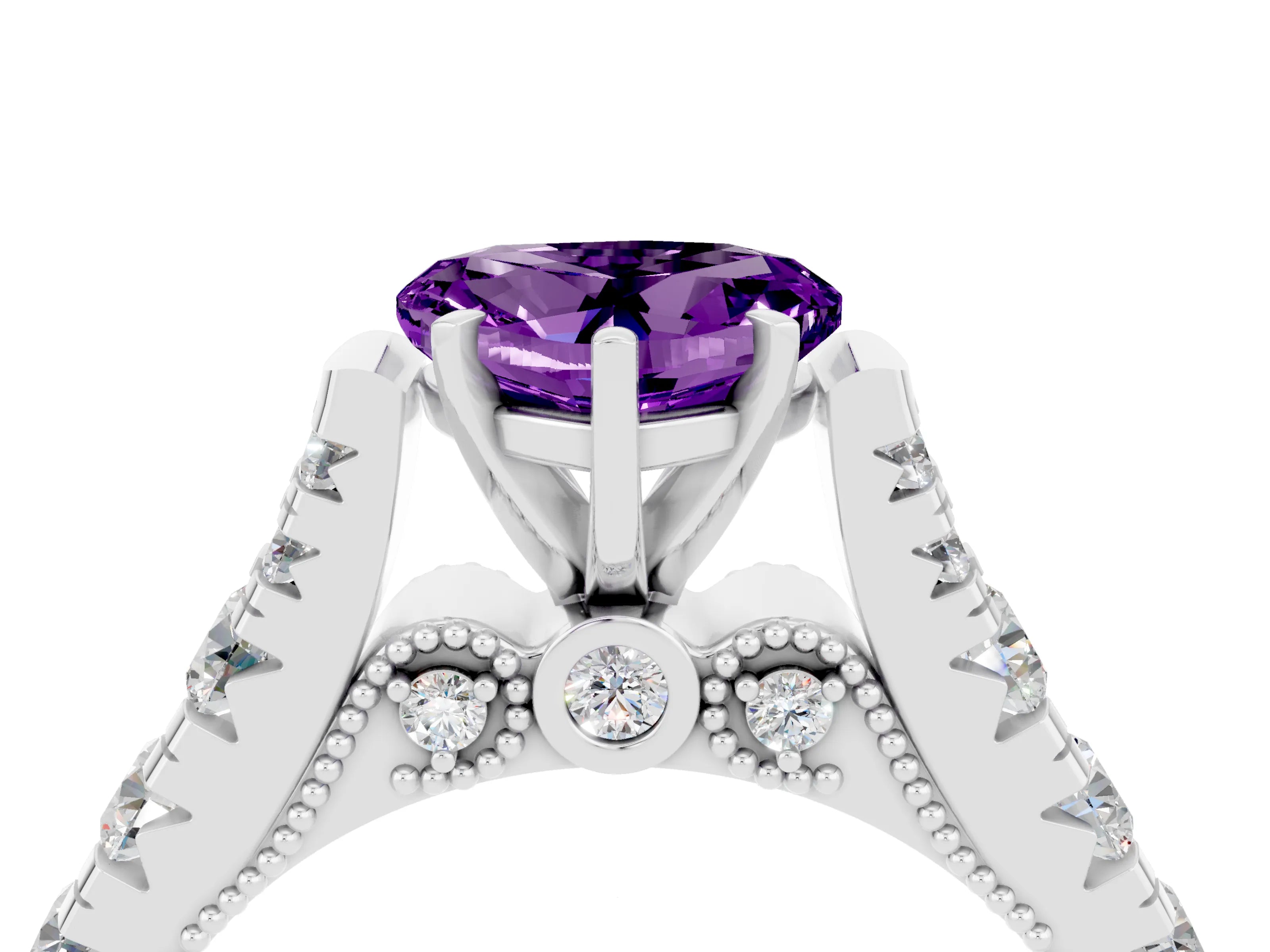 White gold Heart Cut Amethyst Classic Solitaire Ring with Pavé Band and Four-Prong Setting_4
