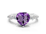 White gold Heart Cut Amethyst Cluster Side Stone Solitaire Ring with Prong Setting_24