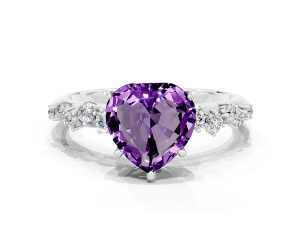White gold Heart Cut Amethyst Cluster Side Stone Solitaire Ring with Prong Setting