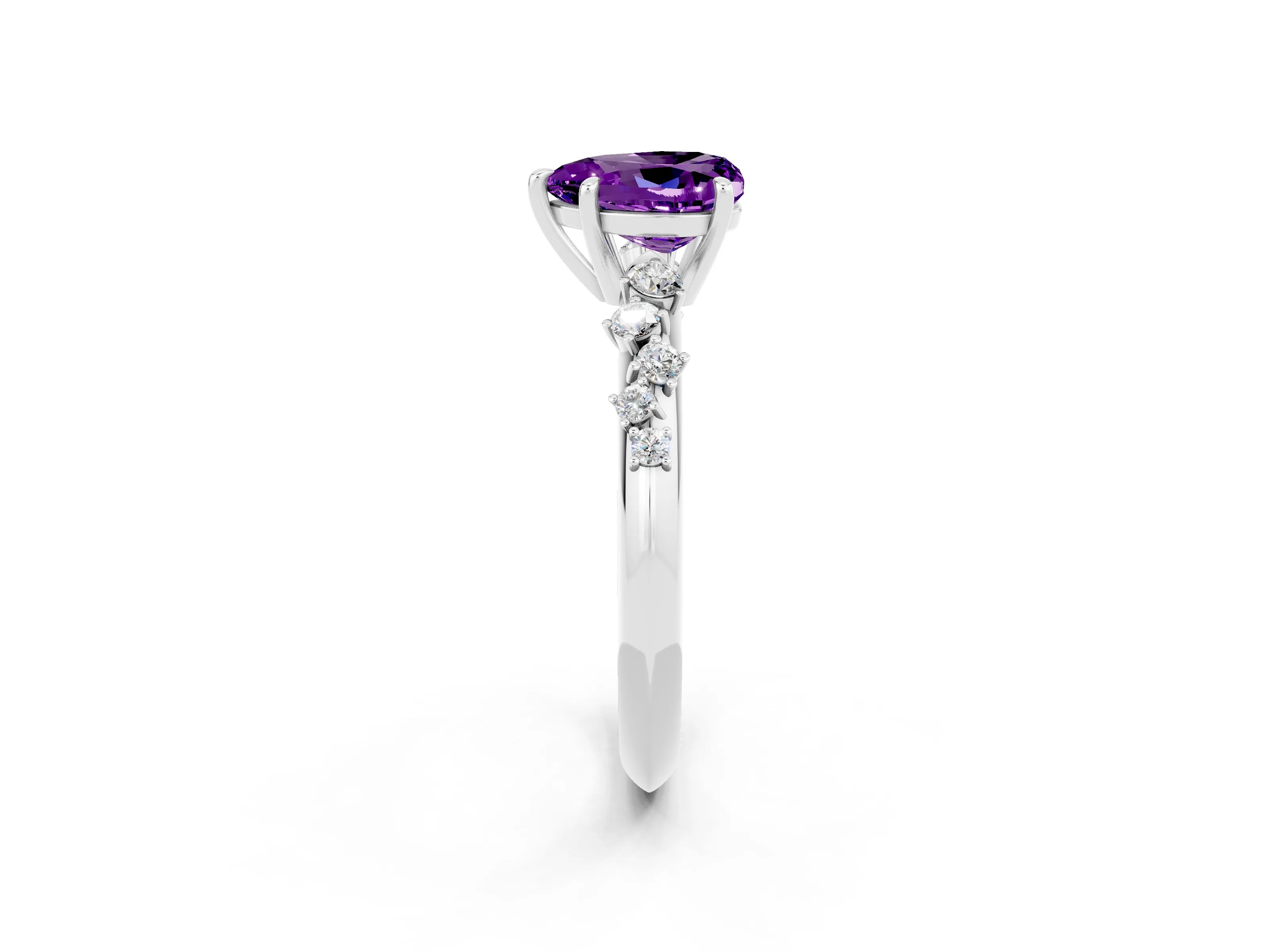White gold Heart Cut Amethyst Cluster Side Stone Solitaire Ring with Prong Setting_26