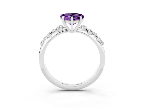 White gold Heart Cut Amethyst Cluster Side Stone Solitaire Ring with Prong Setting