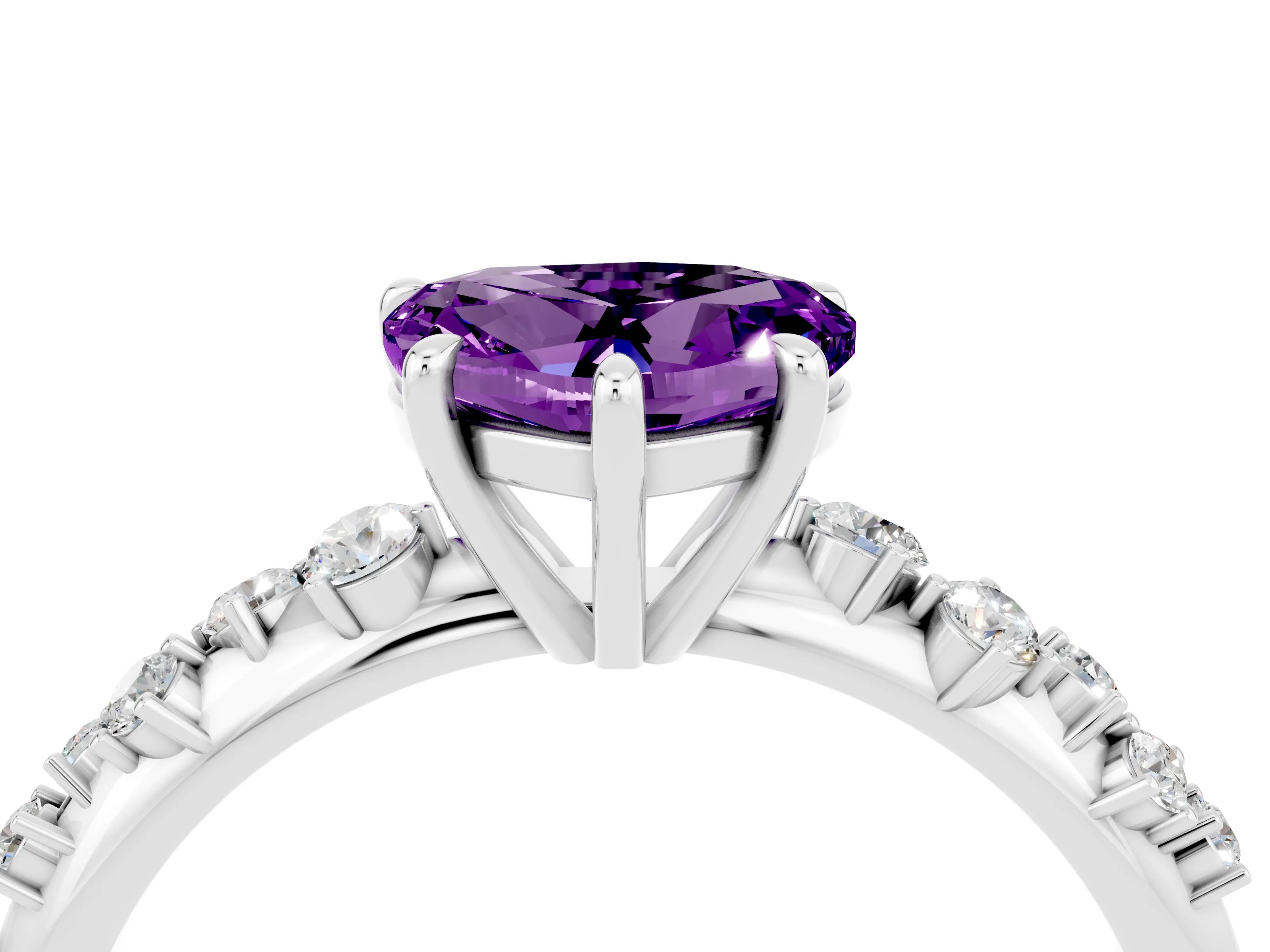 White gold Heart Cut Amethyst Cluster Side Stone Solitaire Ring with Prong Setting_28