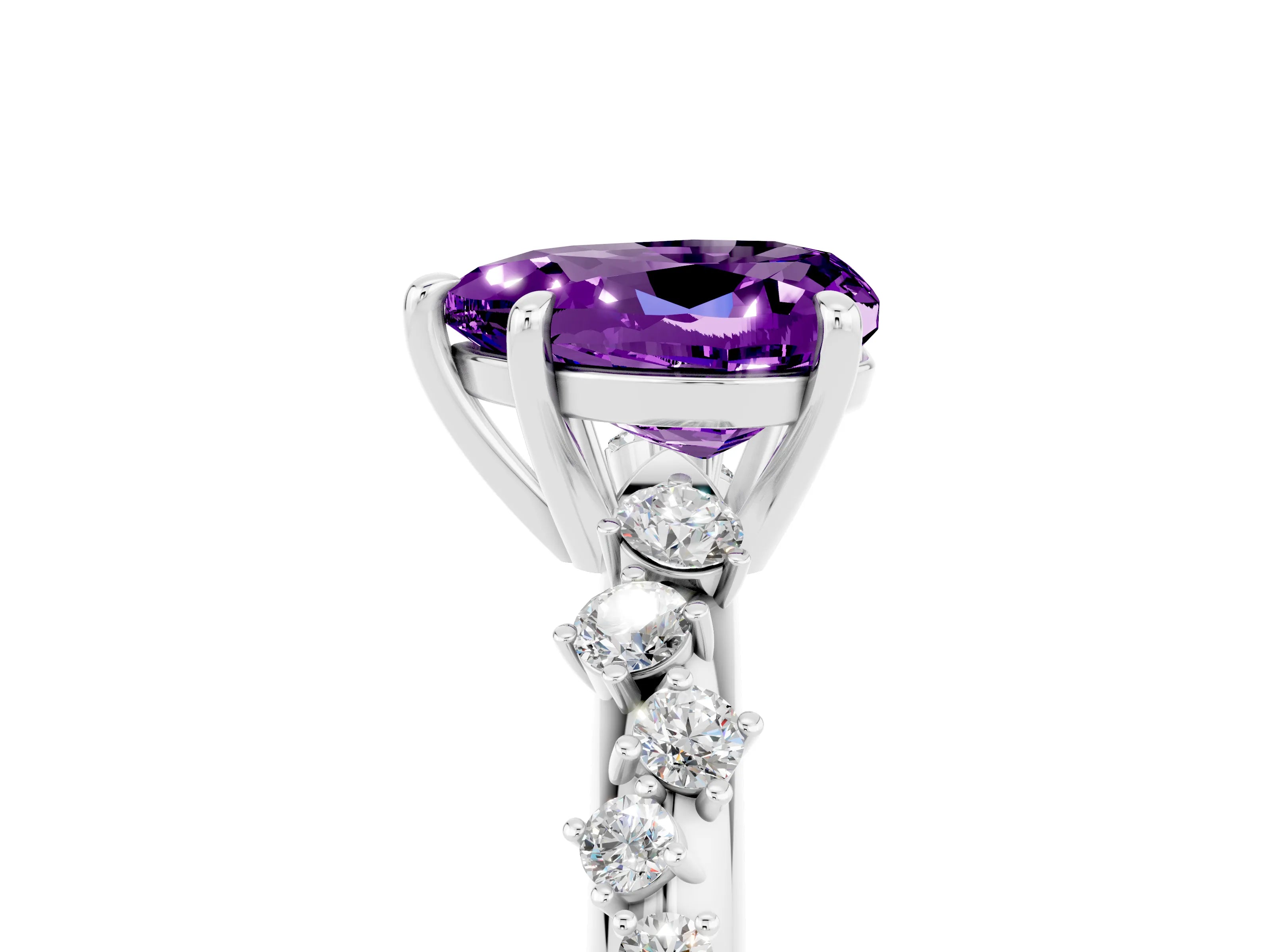 White gold Heart Cut Amethyst Cluster Side Stone Solitaire Ring with Prong Setting_29