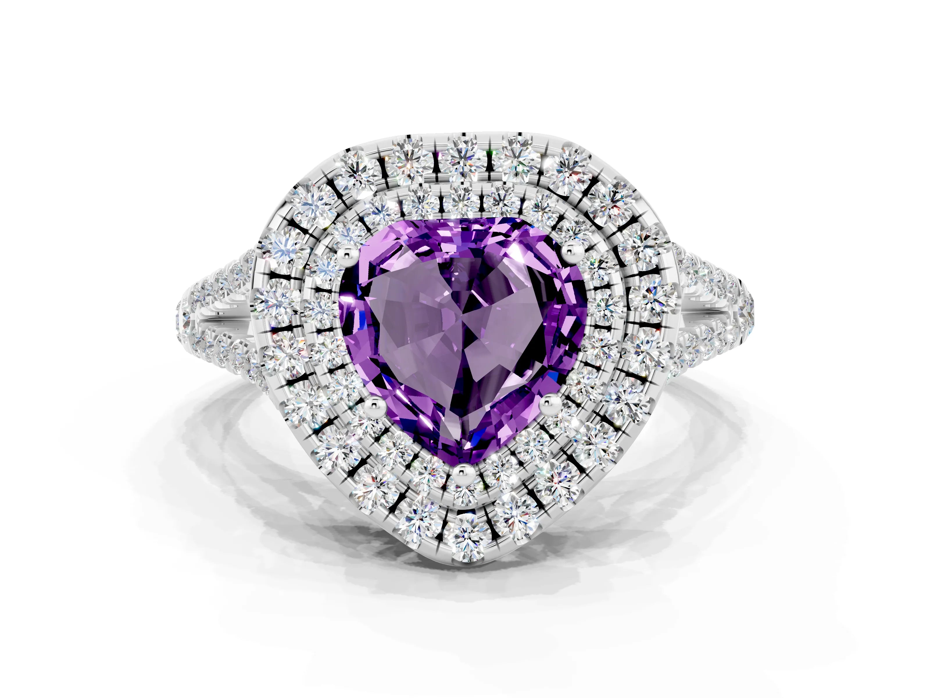 White gold Heart Cut Amethyst Double Halo Ring with Pavé Band and Prong Setting_12