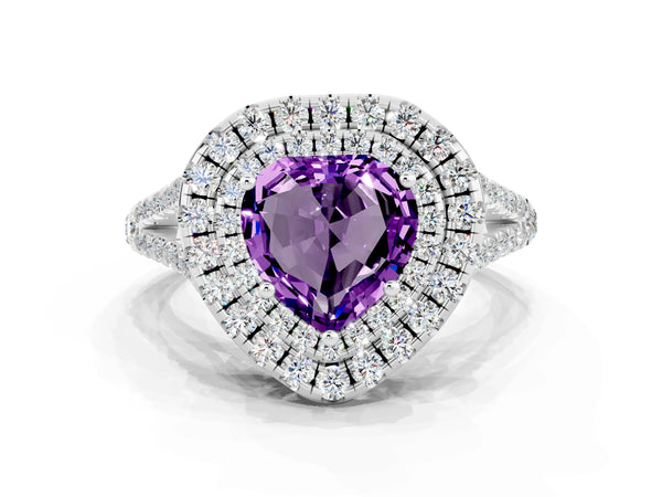 Silver Heart Cut Amethyst Double Halo Ring with Pavé Band and Prong Setting