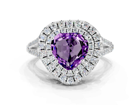 White gold Heart Cut Amethyst Double Halo Ring with Pavé Band and Prong Setting_12