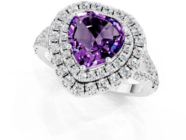 Platinum Heart Cut Amethyst Double Halo Ring with Pavé Band and Prong Setting