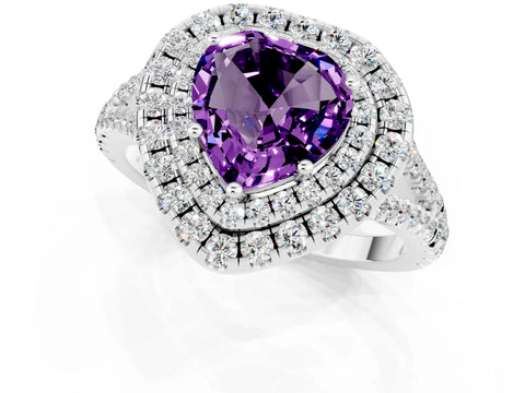 White gold Heart Cut Amethyst Double Halo Ring with Pavé Band and Prong Setting_13