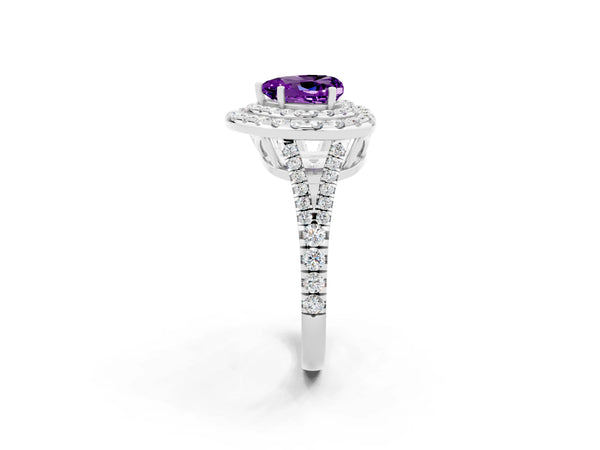 White gold Heart Cut Amethyst Double Halo Ring with Pavé Band and Prong Setting