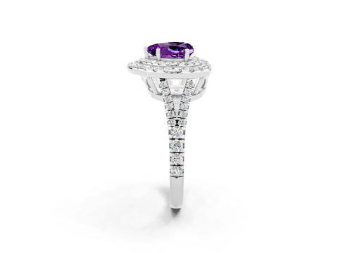White gold Heart Cut Amethyst Double Halo Ring with Pavé Band and Prong Setting_14