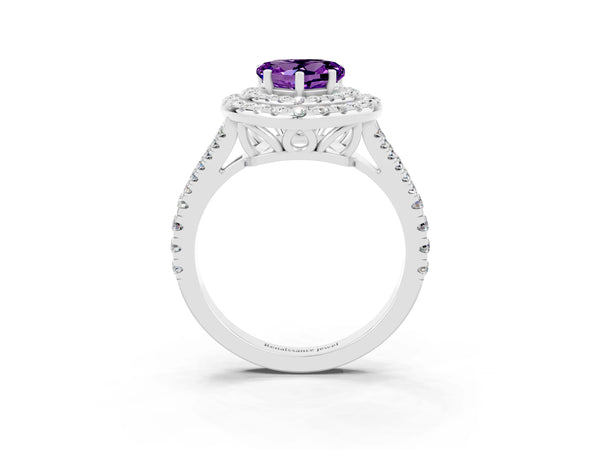 Platinum Heart Cut Amethyst Double Halo Ring with Pavé Band and Prong Setting