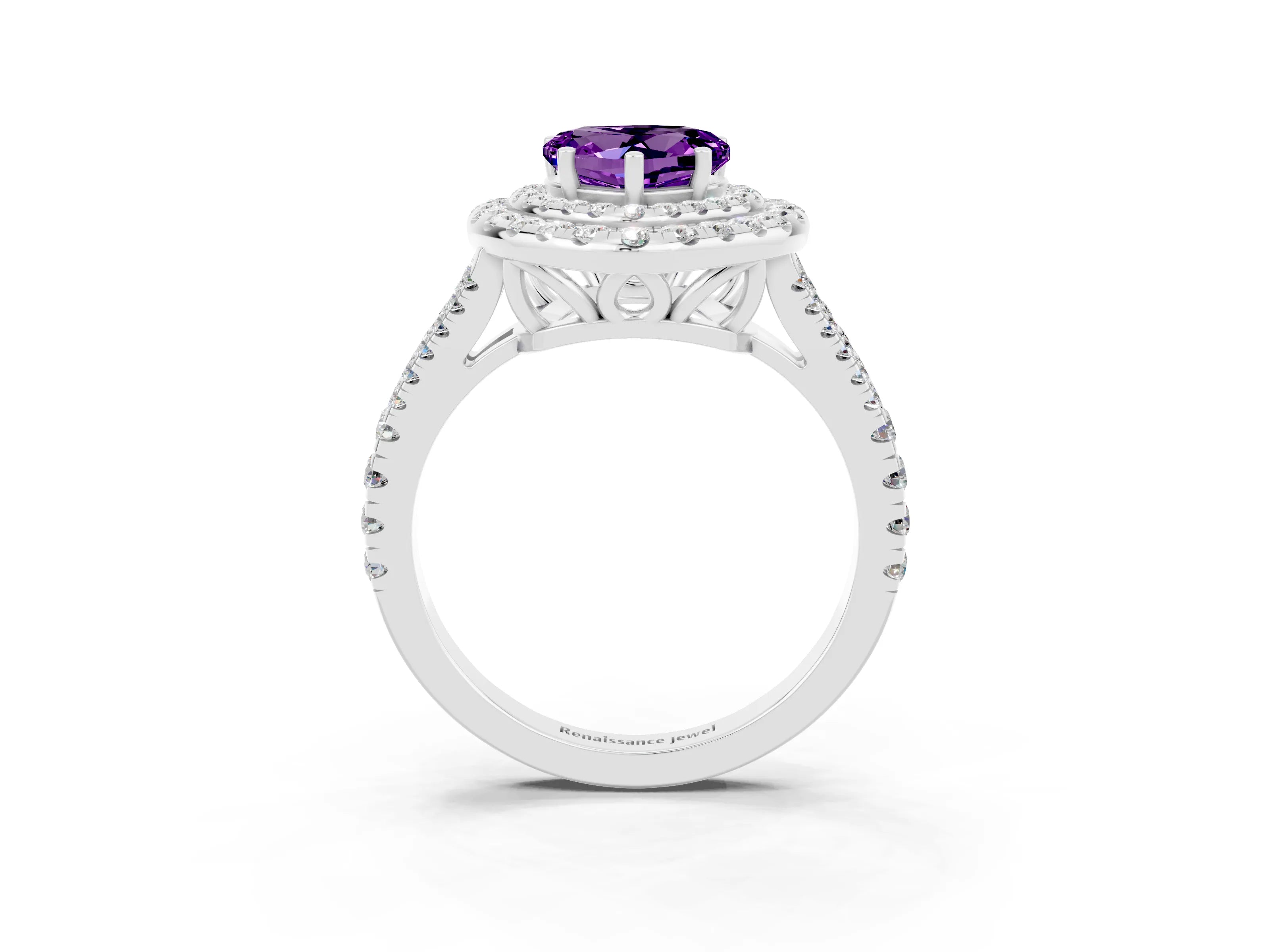 White gold Heart Cut Amethyst Double Halo Ring with Pavé Band and Prong Setting_15