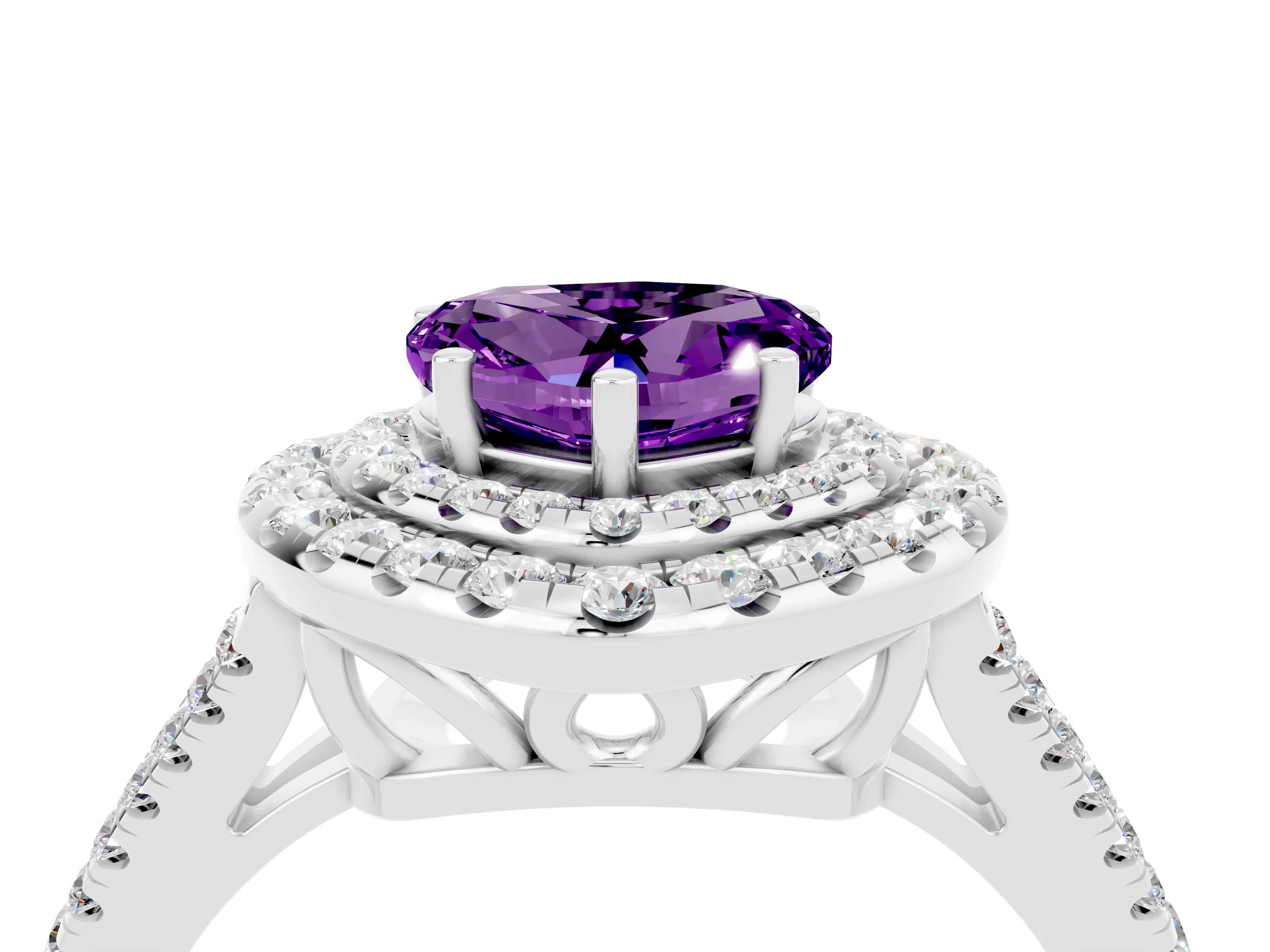 White gold Heart Cut Amethyst Double Halo Ring with Pavé Band and Prong Setting_16