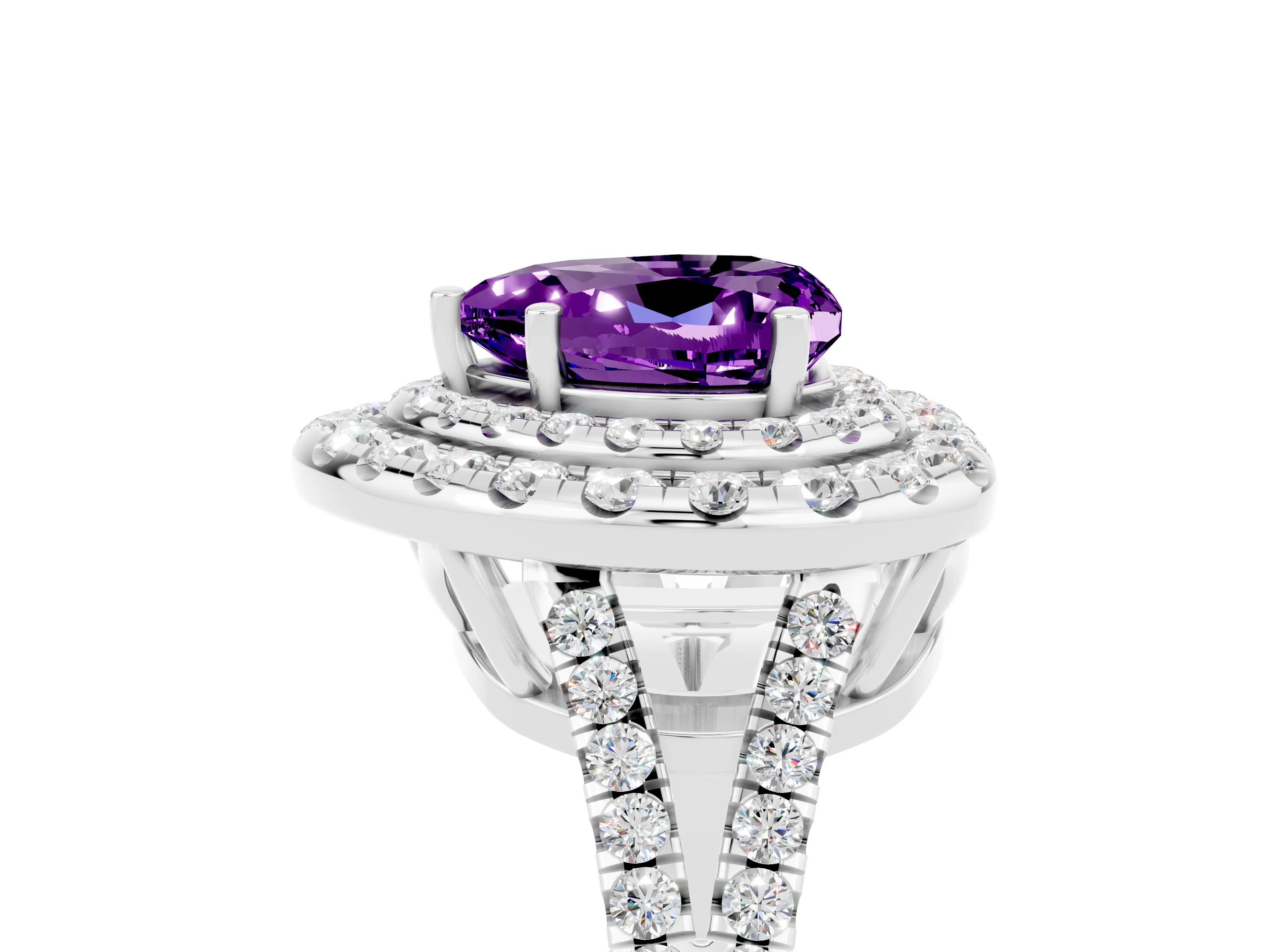 White gold Heart Cut Amethyst Double Halo Ring with Pavé Band and Prong Setting_17