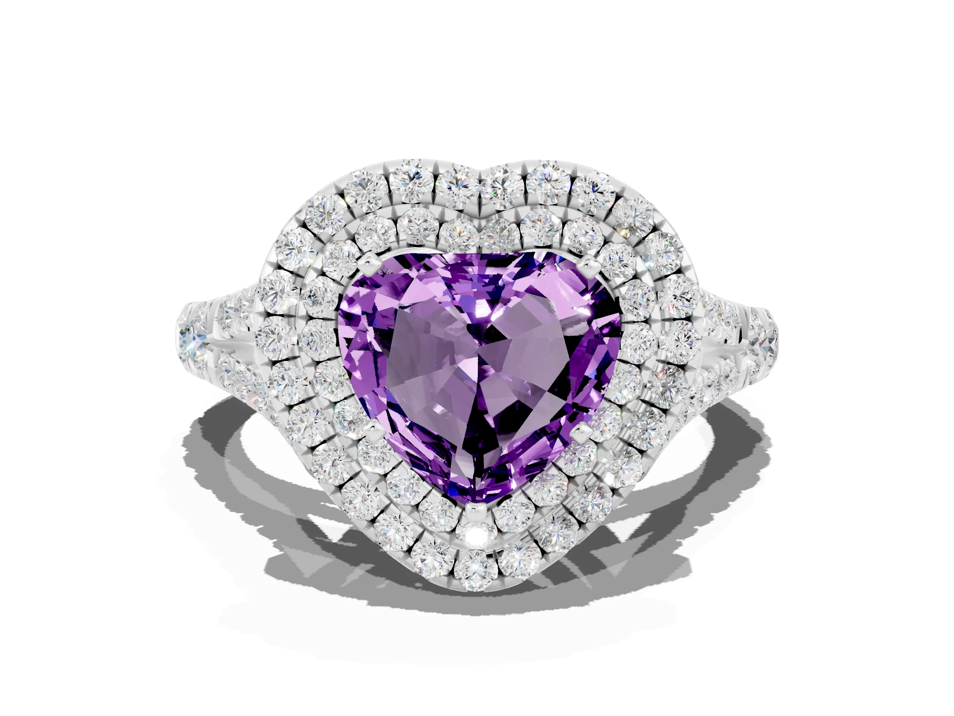 White gold Heart Cut Amethyst Double Halo Ring with Split Shank and Prong Setting_12
