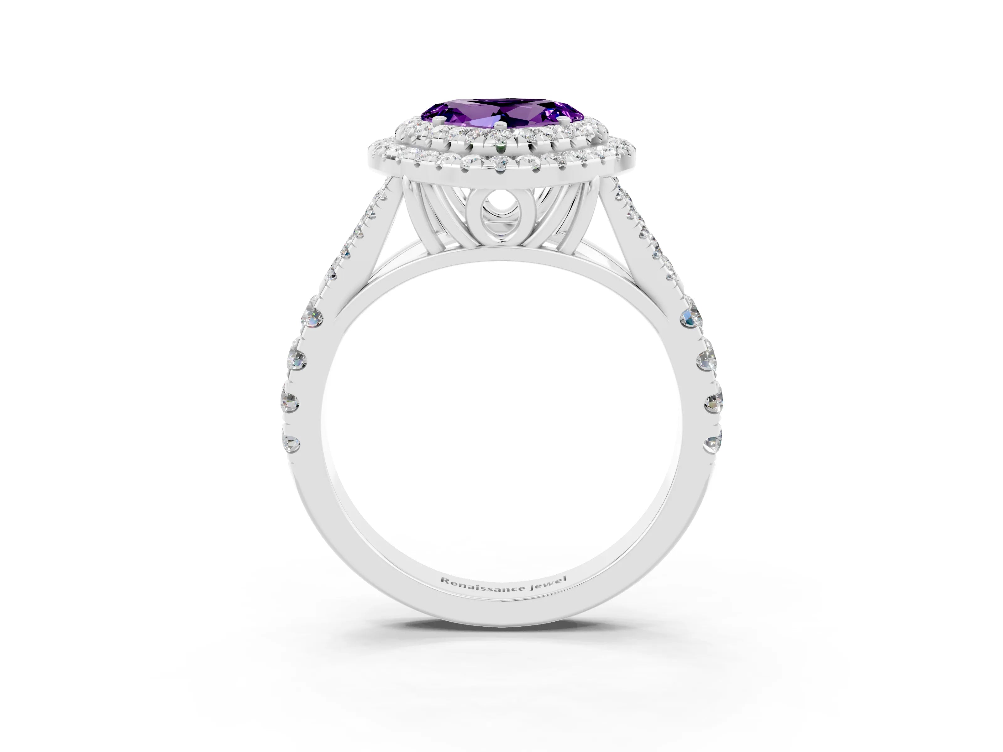 White gold Heart Cut Amethyst Double Halo Ring with Split Shank and Prong Setting_15