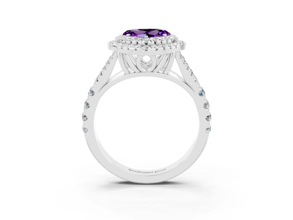 Platinum Heart Cut Amethyst Double Halo Ring with Split Shank and Prong Setting